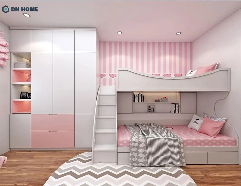 Trang trí giường tầng cho 2 bé gái tích hợp tủ đồ trong ngăn kéo hiện đại
