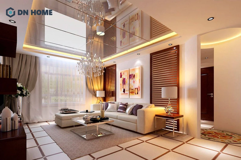 Trần thạch cao kết hợp kính tạo cảm giác không gian phòng khách chung cư thoáng đãng, rộng rãi hơn