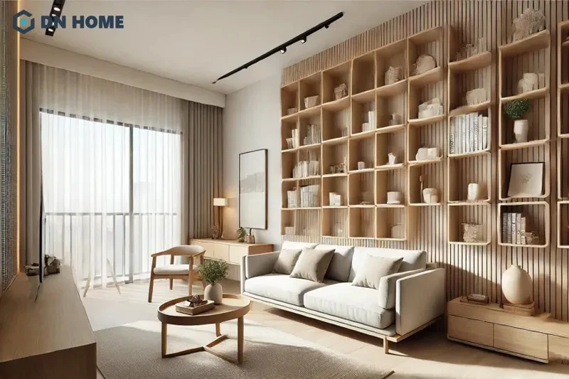 Chất liệu gỗ được sử dụng trong phòng khách chung cư để tạo cảm giác ấm cúng, gần gũi