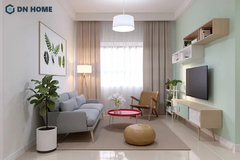Các yếu tố tự nhiên cũng giúp không gian phòng khách chung cư trở nên ấm cúng, thư giãn