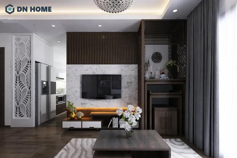 Sử dụng hệ tủ vách ngăn để phân tách không gian thờ cúng trong phòng khách chung cư