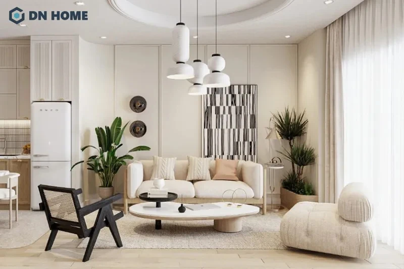 Rèm cửa có chiều dài chạm sàn tạo cảm giác phòng khách chung cư cao thoáng hơn