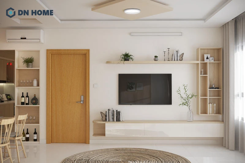 Kệ treo tường vừa giúp tăng thêm khả năng lưu trữ, vừa là điểm nhấn tinh tế trong không gian phòng khách