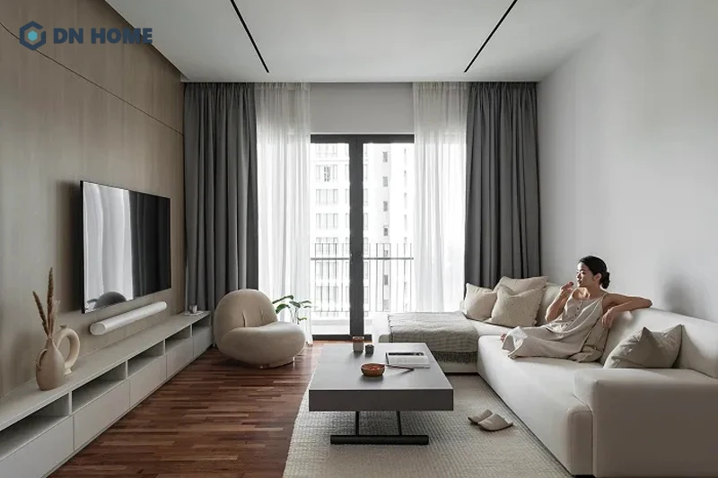 Phòng khách chung cư thiết kế theo phong cách tối giản với đường nét tinh gọn