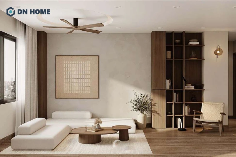 Phòng khách chung cư thiết kế theo phong cách Japandi với chất liệu gỗ chủ đạo tạo cảm giác ấm áp
