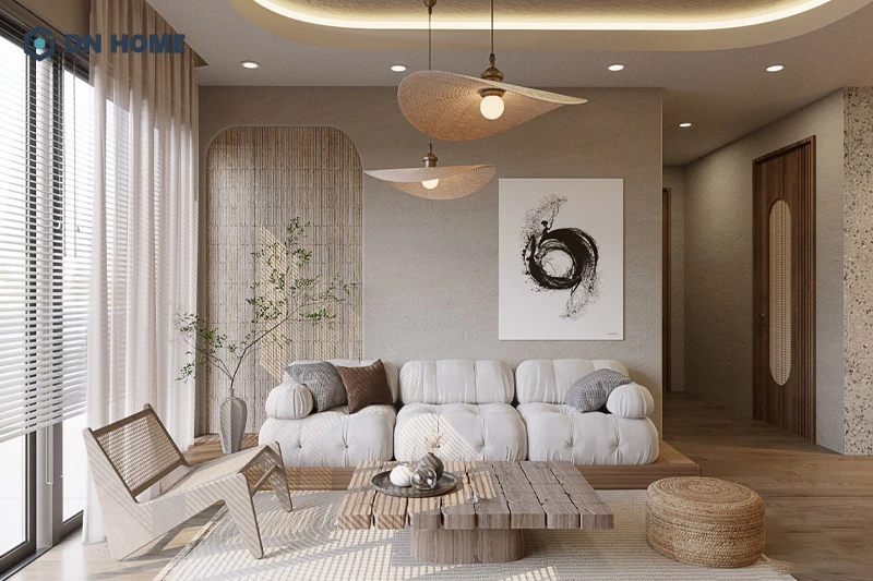 Phong cách thiết kế Wabi Sabi tạo nên không gian phòng khách nhẹ nhàng, tinh tế