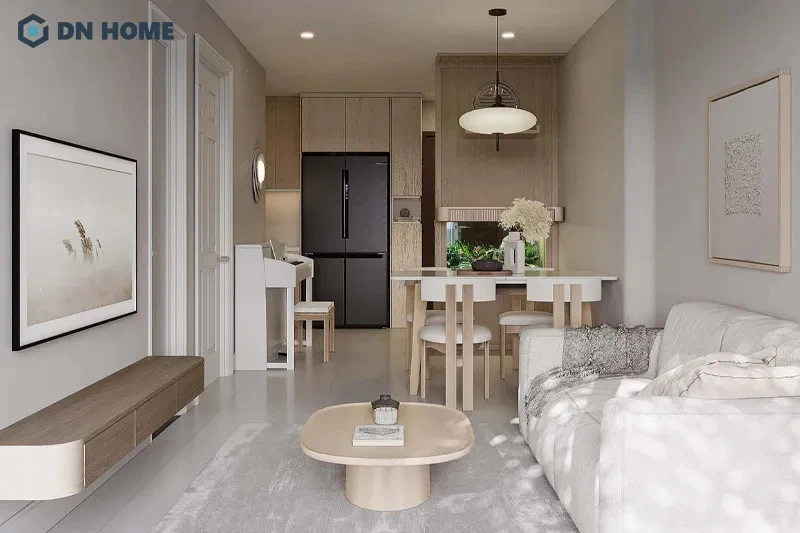 Có thể sử dụng vách ngăn để phân tách nhẹ không gian phòng khách và bếp chung cư