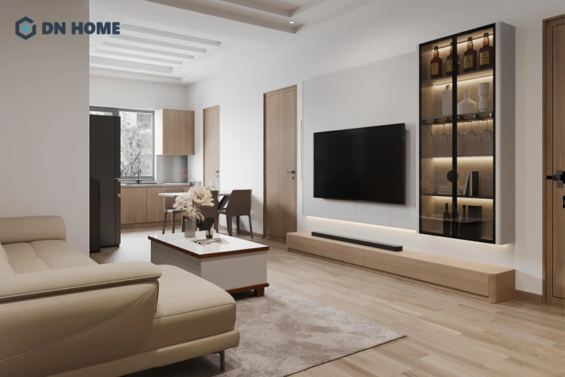 Mẫu phòng khách chung cư 60m2 được thiết kế phong cách hiện đại, tinh tế