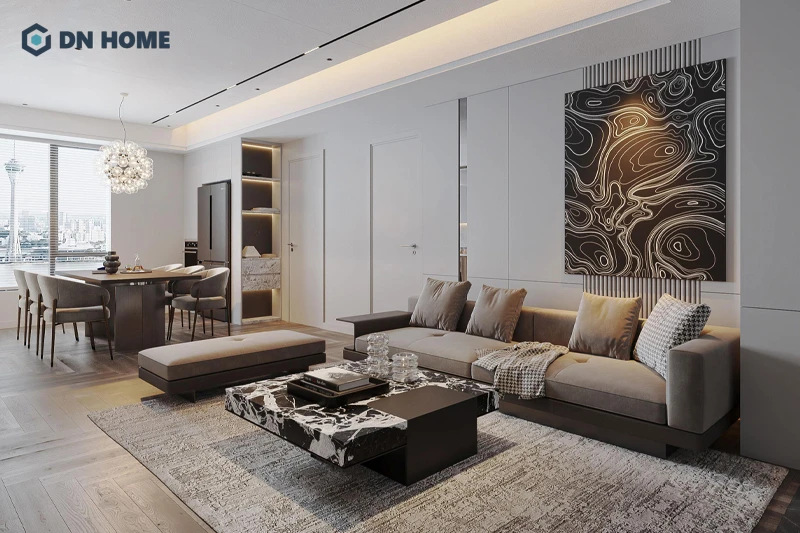 Phòng khách căn hộ chung cư 70m2 cần đầu tư vào chất liệu và hệ thống ánh sáng