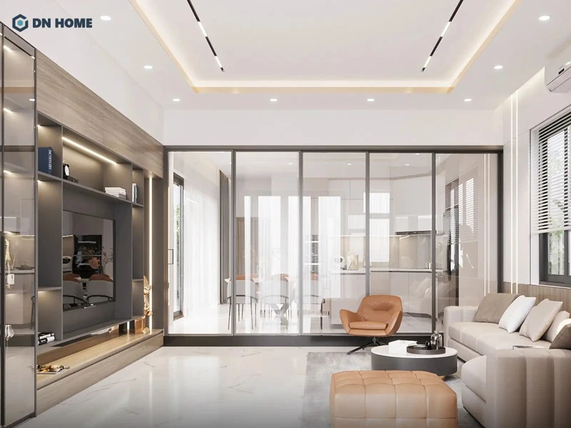 Mẫu thiết kế phòng khách cho nhà ống 4m có vách ngăn tường kính