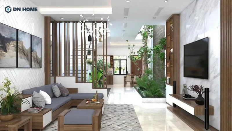 Mẫu thiết kế phòng khách cho nhà ống với vách ngăn phân chia không gian