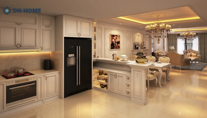 Phong cách thiết kế nội thất phòng khách kết nối liền với phòng ăn