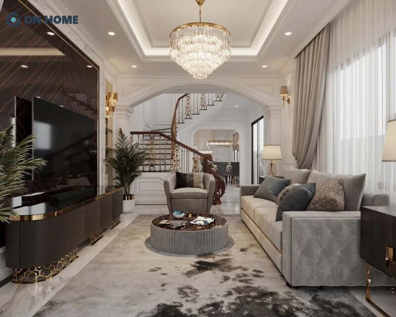 Phòng khách theo hướng tân cổ điển dành cho thiết kế nhà ống
