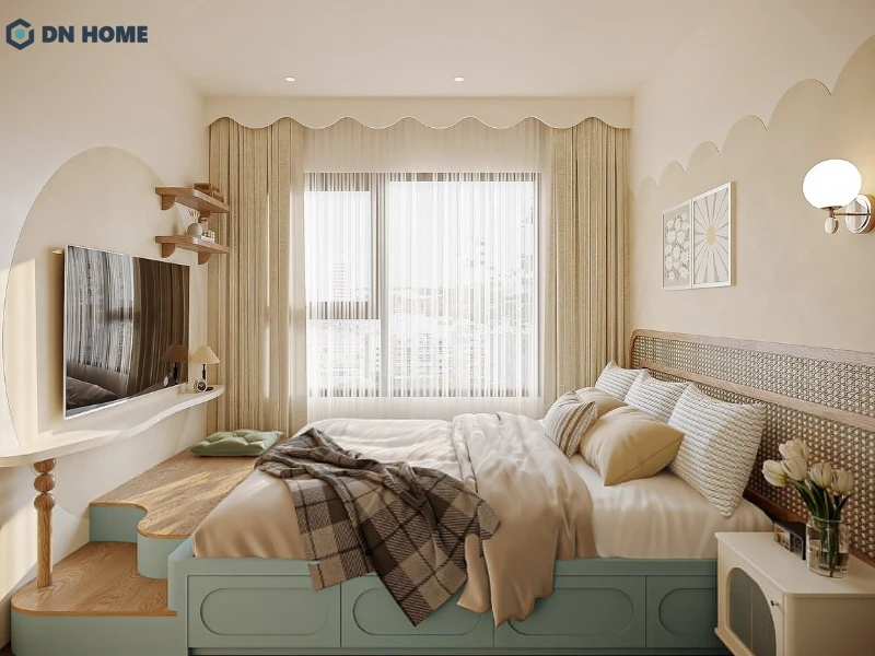 Phòng ngủ 9m2 cho vợ chồng sử dụng gam màu kem, pastel tạo sự ấm cúng, gần gũi