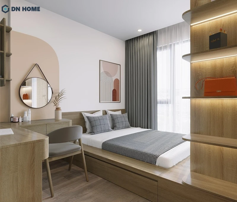 Căn phòng ngủ 9m2 cho cặp đôi sử dụng vật liệu gỗ tạo cảm giác ấm cúng