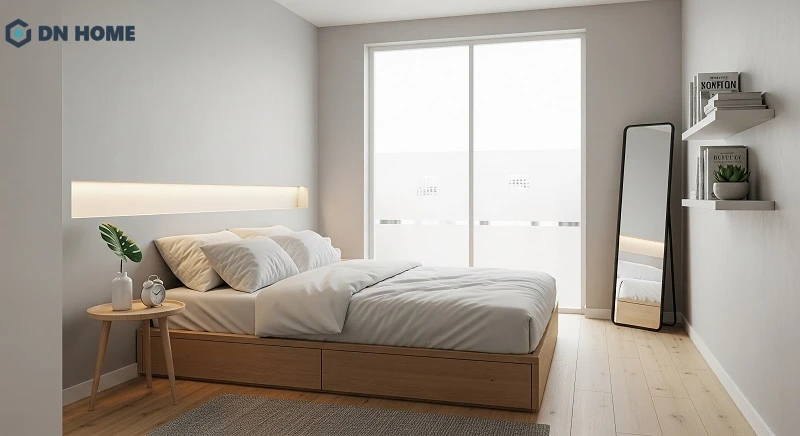 Thiết kế phòng ngủ 9m2 phong cách tối giản sử dụng kệ trang trí để tiết kiệm tối đa diện tích sàn