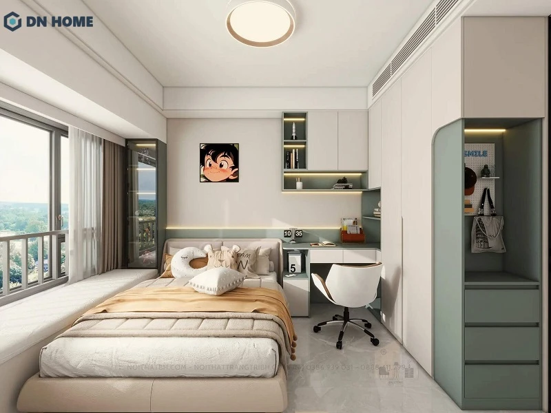 Phòng ngủ nhỏ cho bé sử dụng màu sắc tươi sáng, hoạ tiết sinh động kích thích sự sáng tạo cho bé