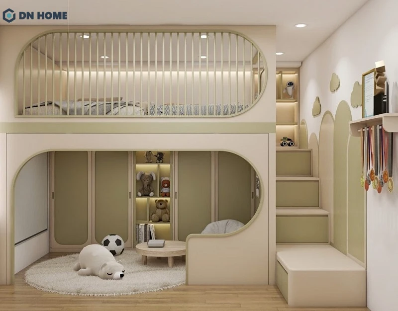 Thiết kế ở trên là giường tầng, phía dưới là nơi bé đọc sách hoặc vui chơi thư giãn