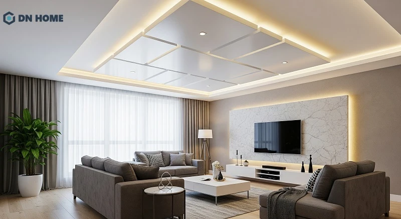 Mẫu trần nhựa phòng khách với thiết kế độc đáo, tạo nét đặc trưng riêng biệt cho không gian