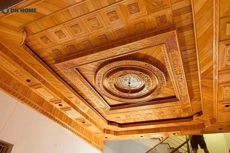 Trần nhựa phòng khách thiết kế 3D với vân gỗ tự nhiên