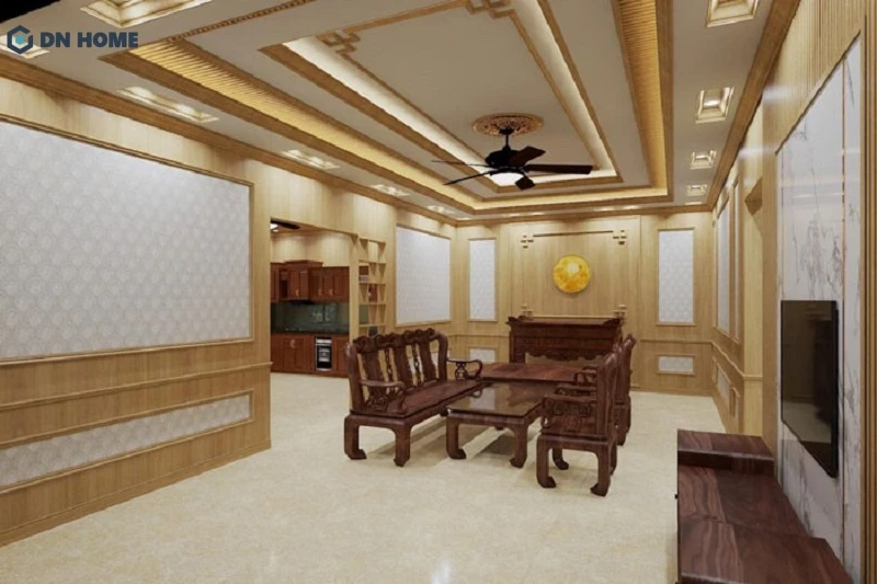 Mẫu trần nhựa với gam màu be cùng đường nét thiết kế tối giản