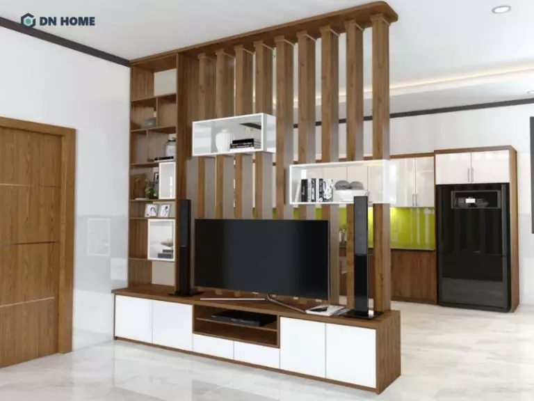 Vách ngăn phòng khách, bếp giúp phân chia không gian thông minh nhưng vẫn giữ được sự liên kết, thông thoáng