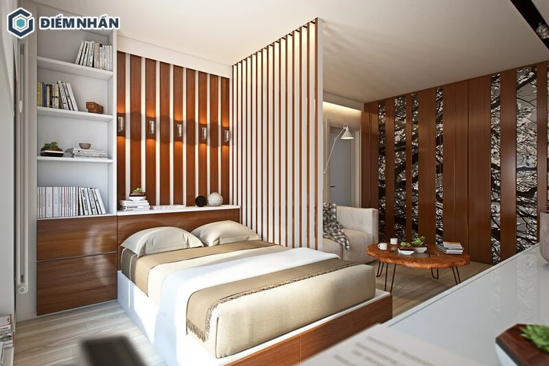 Thiết kế vách ngăn dạng lam gỗ với đường nét tinh tế, giúp không gian thêm tinh tế và thông thoáng