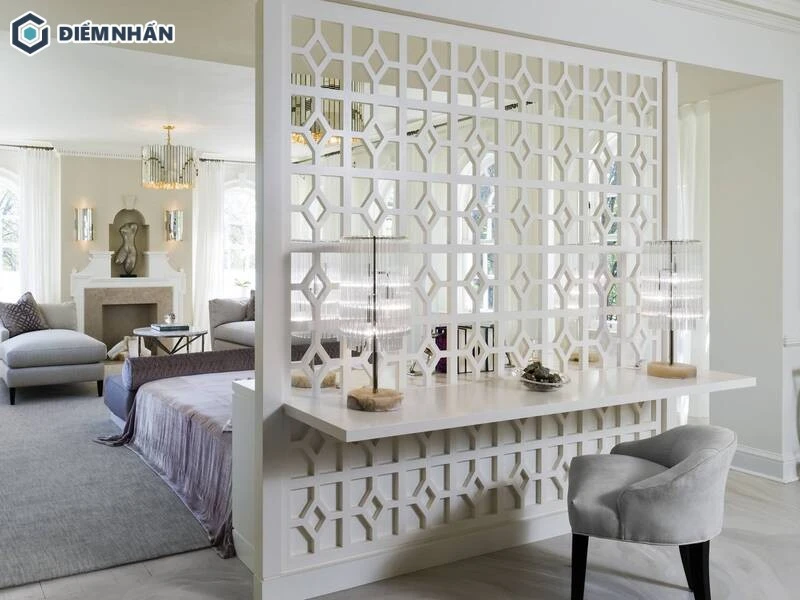 Vách ngăn gỗ công nghiệp được thiết kế với kiểu dáng đơn giản nhưng vẫn tạo sức hút cho tổng thể căn phòng