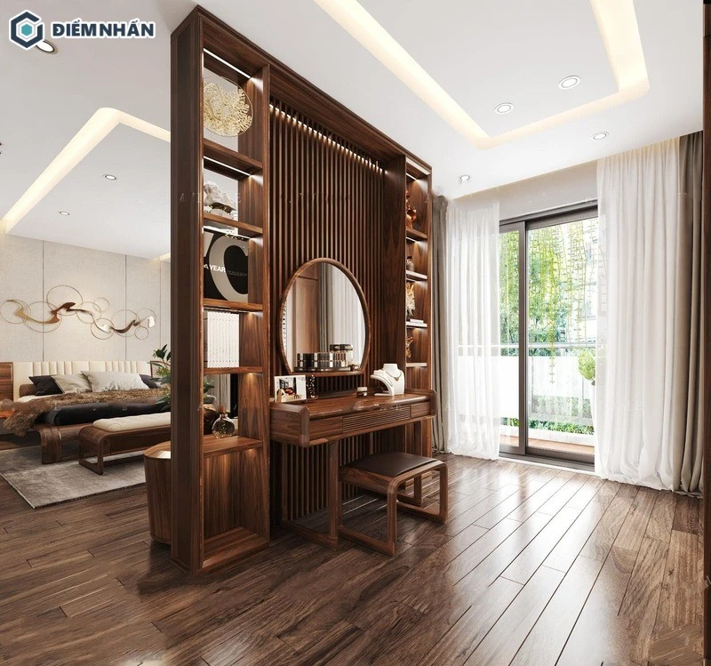 Vách ngăn lam gỗ kết hợp bàn trang điểm gỗ tự nhiên, tạo nên không gian phòng ngủ sang trọng và tiện nghi