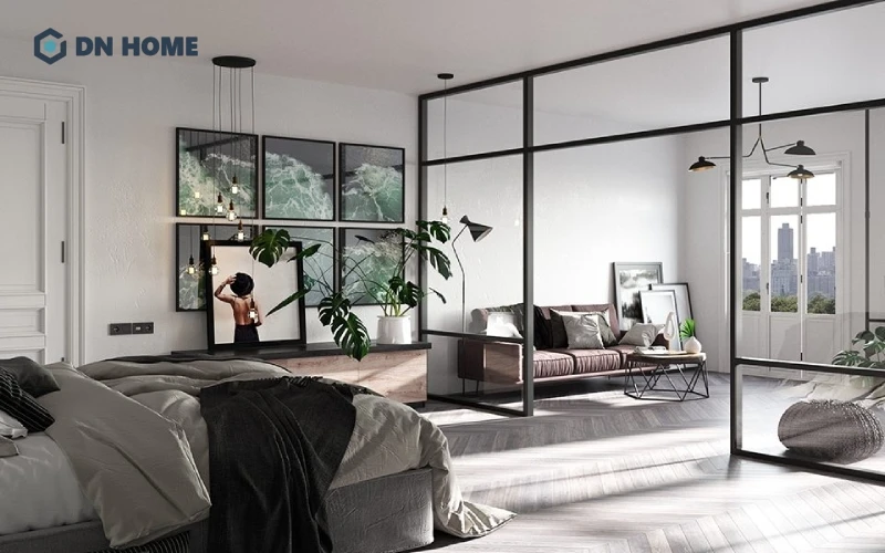 Vách ngăn kính giúp tận dụng ánh sáng tự nhiên, tạo cảm giác rộng rãi cho không gian phòng ngủ
