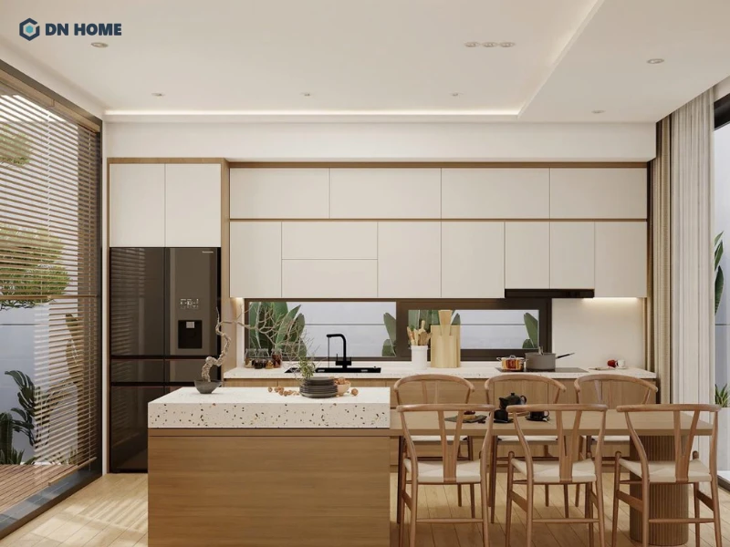 Không gian bếp nhà cấp 4 mang lại cảm giác sạch sẽ và gọn gàng
