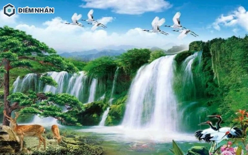 Tranh chủ đề thác nước cùng các con vật mang đến sự thoáng đãng