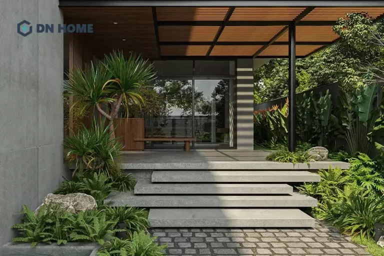Tiểu cảnh sân vườn trước nhà thường được thiết kế cho nhà ống và nhà phố