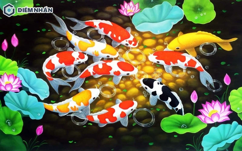 Tranh 3D chủ đề Cửu ngư quần hội đặc sắc với các gam màu sáng