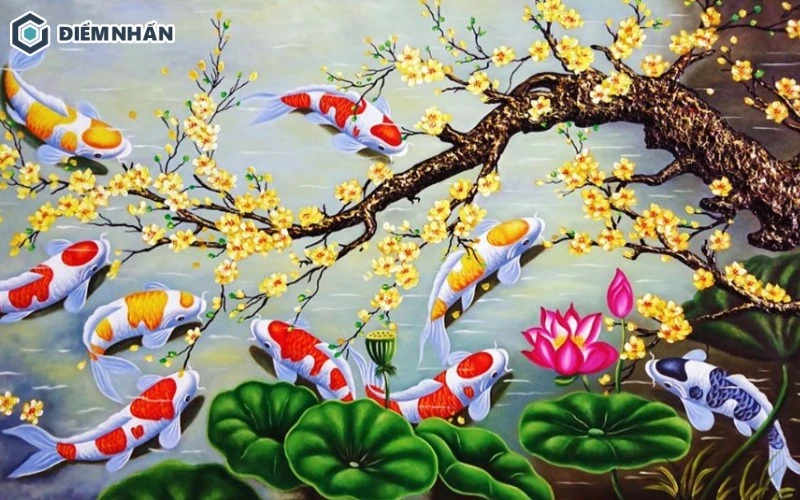 Hình ảnh 9 con cá chép đang bơi lội bên cạnh đóa sen