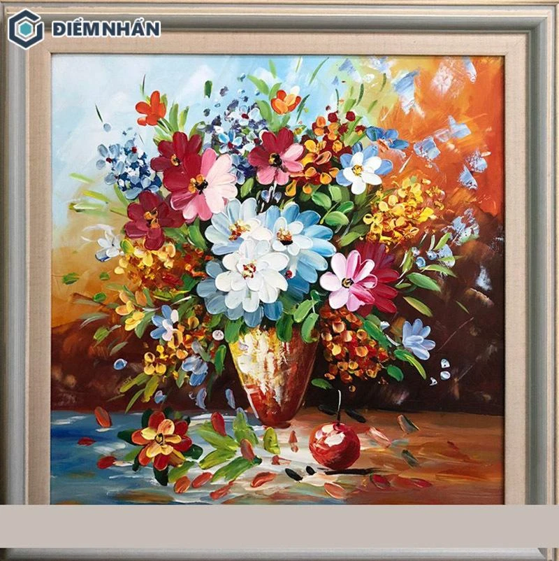Mẫu tranh 3D sơn dầu bình hoa trang trí phòng khách