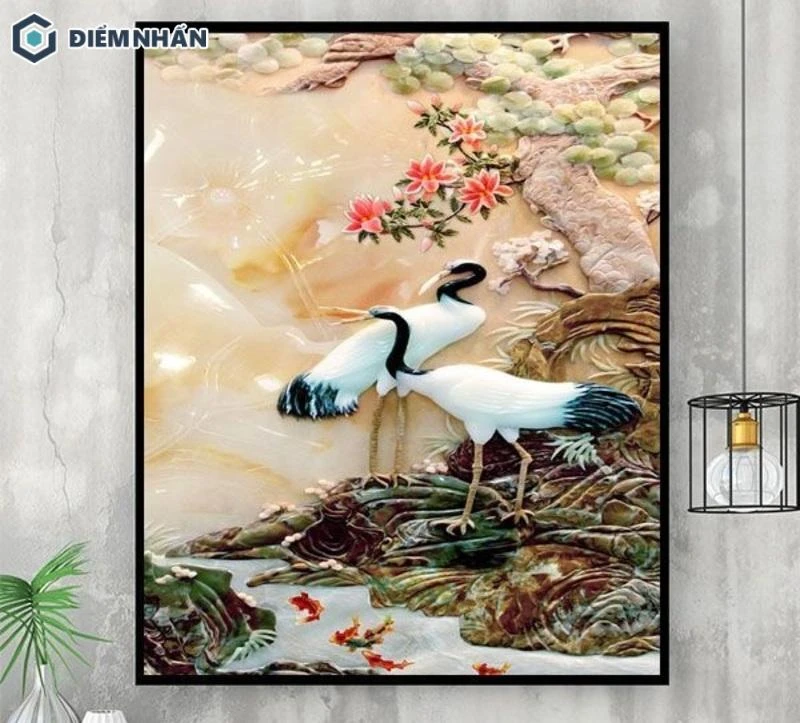 Bức tranh 3D trang trí phòng khách chim hạc được phối màu nhẹ nhàng và hài hoà