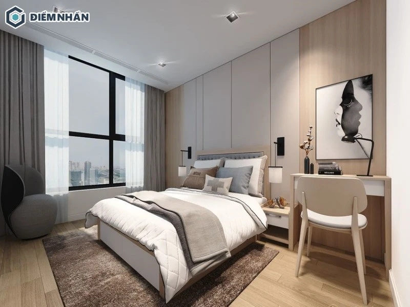 Bày trí kệ tủ sát với giường ngủ giúp tối ưu diện tích phòng ngủ
