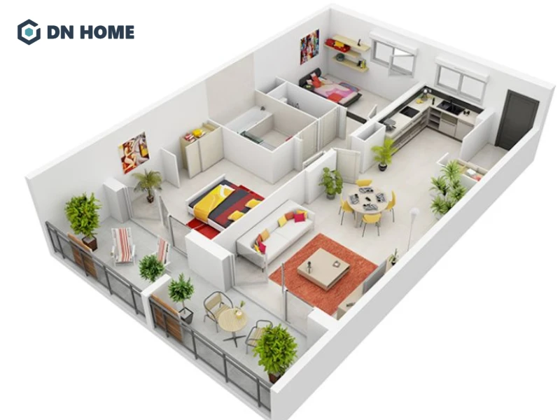 Hình ảnh căn hộ chung cư 60m2 được bố trí khoa học, cho thấy không gian vẫn rộng rãi nếu biết cách sắp xếp hợp lý