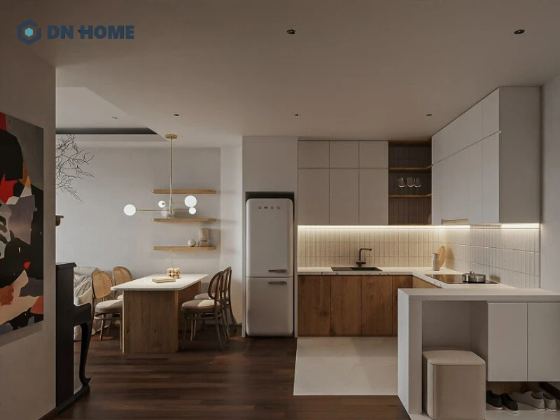 Căn hộ 60m2 có mặt bằng chữ L được bố trí bếp hợp lý, tận dụng tối đa các góc nhô nhằm tối ưu diện tích thiết kế