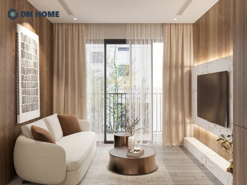 Mặt bằng hình chữ nhật trong chung cư 60m2 được sắp xếp theo trục dọc, kết hợp cửa kính lùa để tạo chiều sâu