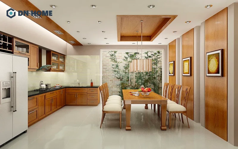 Trí đèn âm trần gỗ tạo điểm nhấn không gian phòng bếp