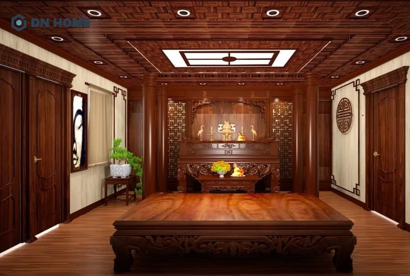 Thiết kế trần gỗ phòng thờ nên sử dụng tông màu trầm