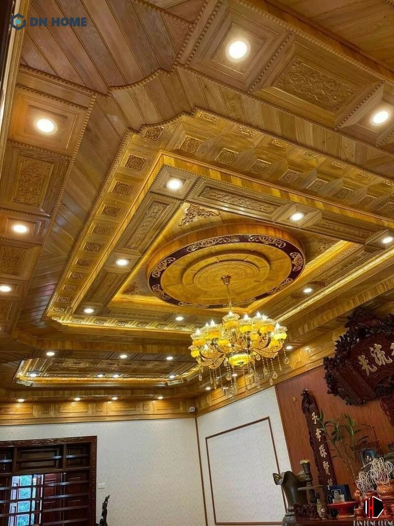 Họa tiết trần gỗ phòng thờ theo phong cách cổ điển