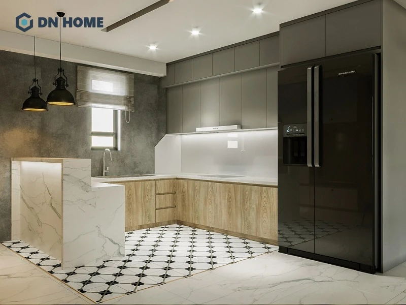 Thiết kế phòng bếp 16m2 với gạch ốp tường mang đến không gian nấu nướng sang trọng