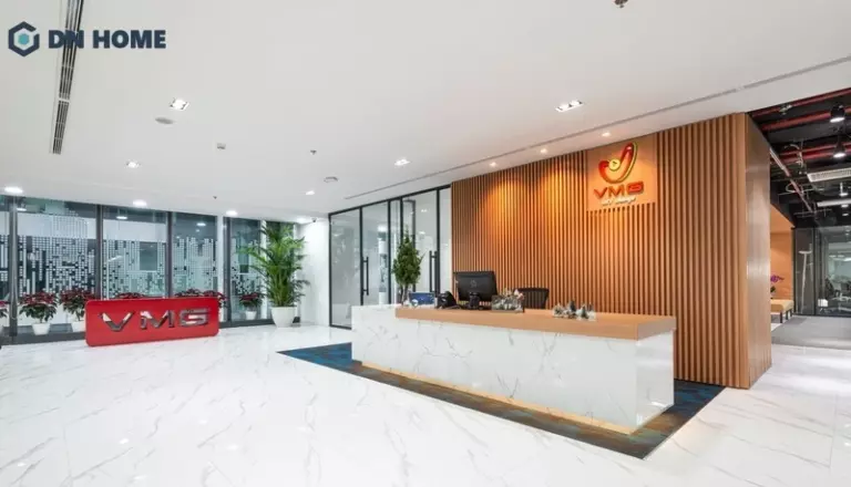 Thiết kế quầy lễ tân chữ I ấn tượng với chất liệu đá