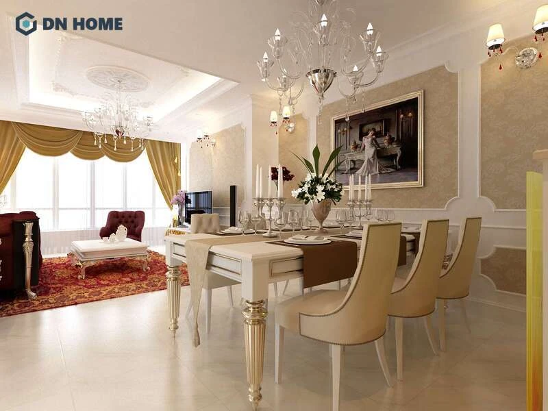Trang trí phòng bếp tân cổ điển bằng hệ đèn chùm thả trần