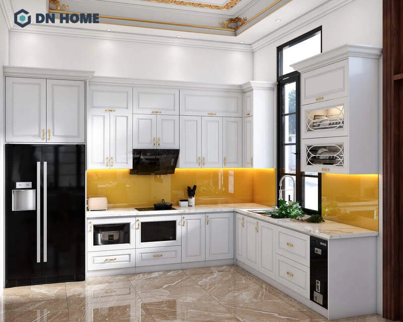 Nội thất phòng bếp 30m2 tân cổ điển sang trọng với đường nét hoa văn tinh xảo, bố cục cân đối