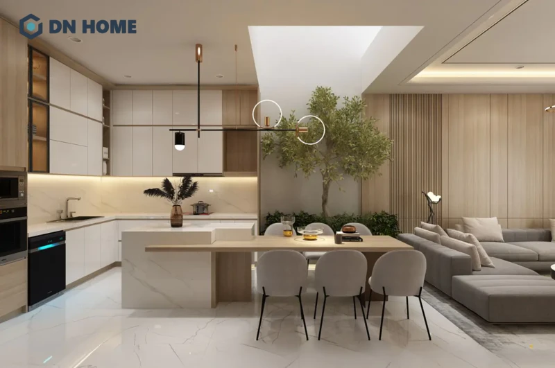Tông màu be nhạt chủ đạo giúp không gian bếp thêm ấm cúng