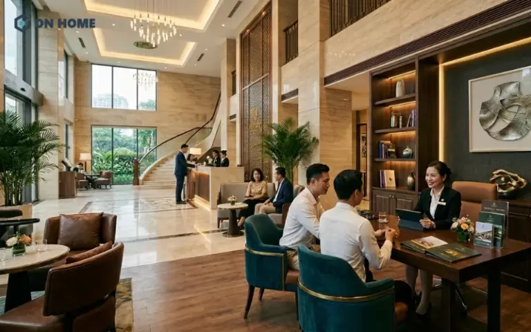 Mô hình "Lounge Tư vấn" với thiết kế giống sảnh khách sạn 5 sao, tập trung vào sự riêng tư, sofa êm ái, ánh sáng dịu.
